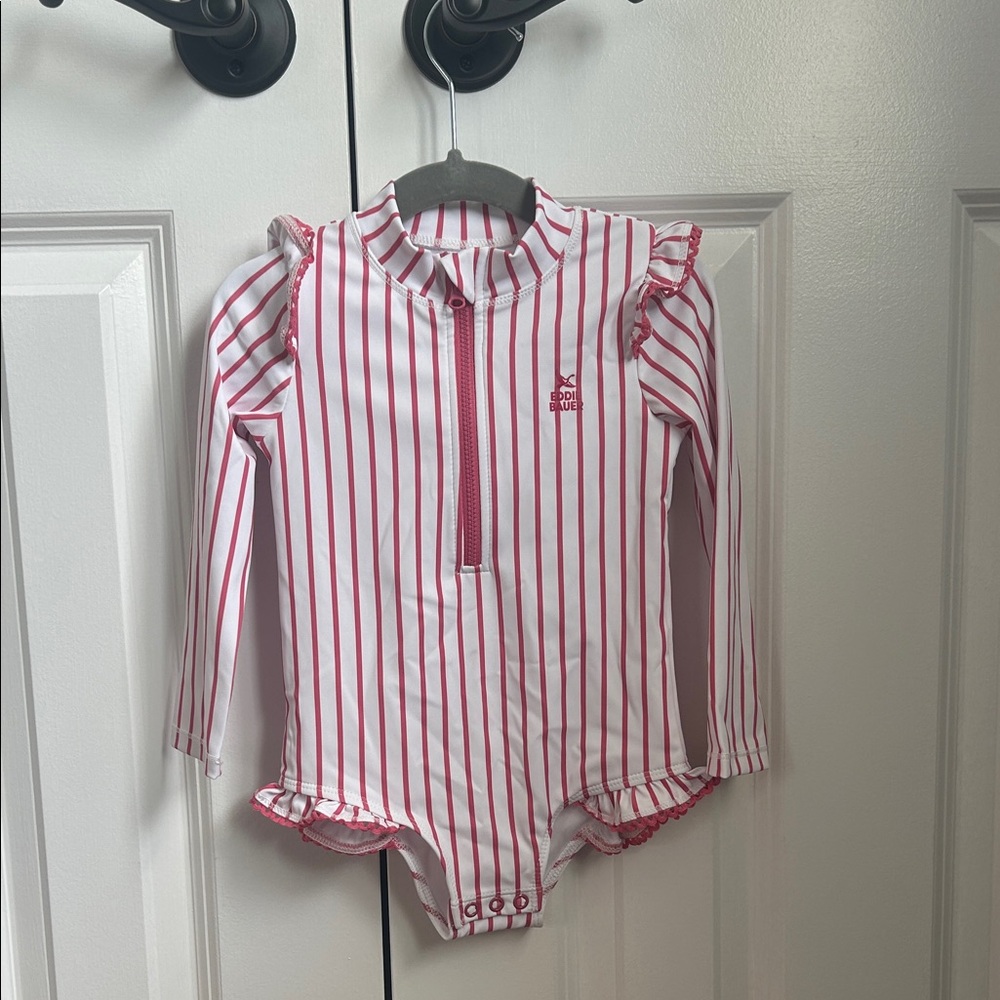 Eddie Bauer Girls' Long-Sleeve One-Piece Rashguard in Pink and White Stripe